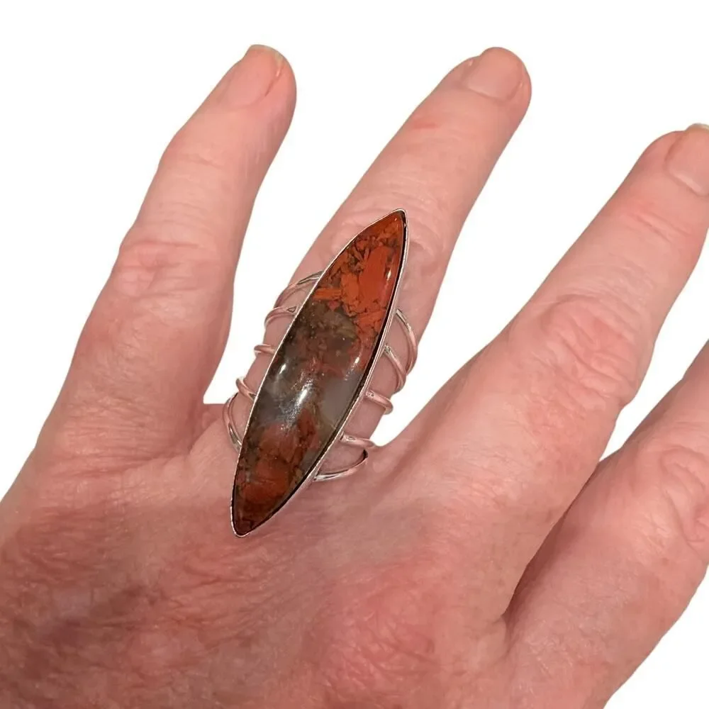 Marquise Red Jasper Ring 925 Silver Plated Boho Statement Ring Size 8